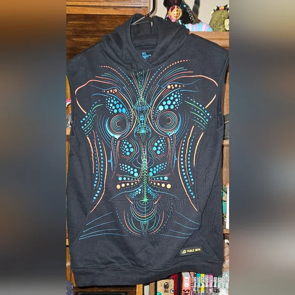 Raver Hoodie Vest Mens XL Public Beta UV Psychedelic Festival Wear - Picture 2 of 10